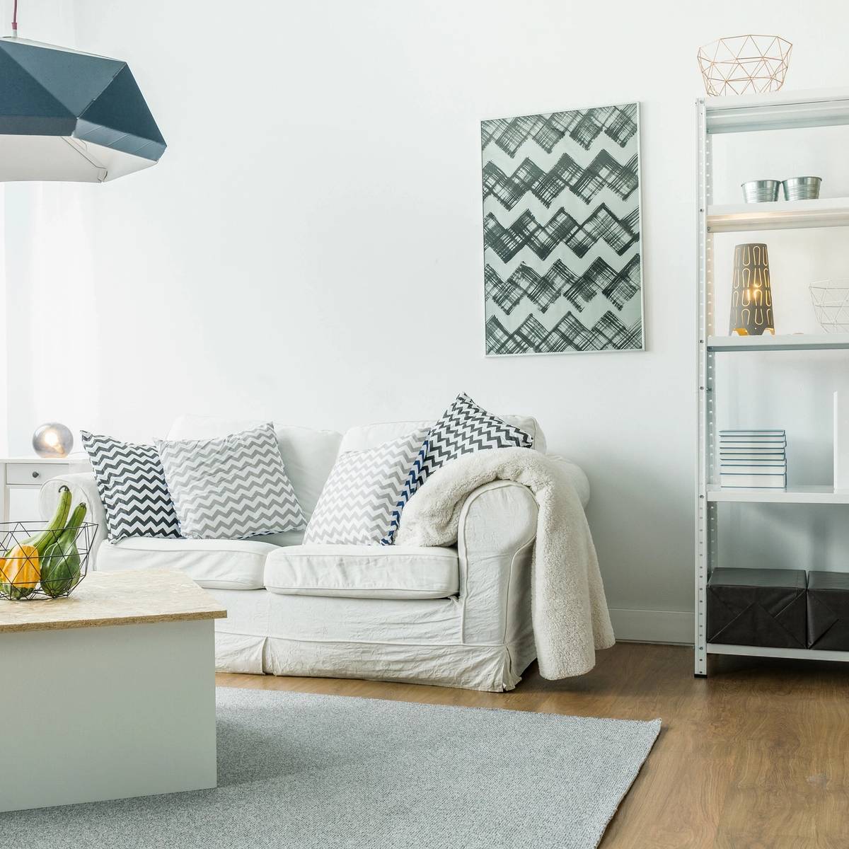 Modern living room with geometric decor.