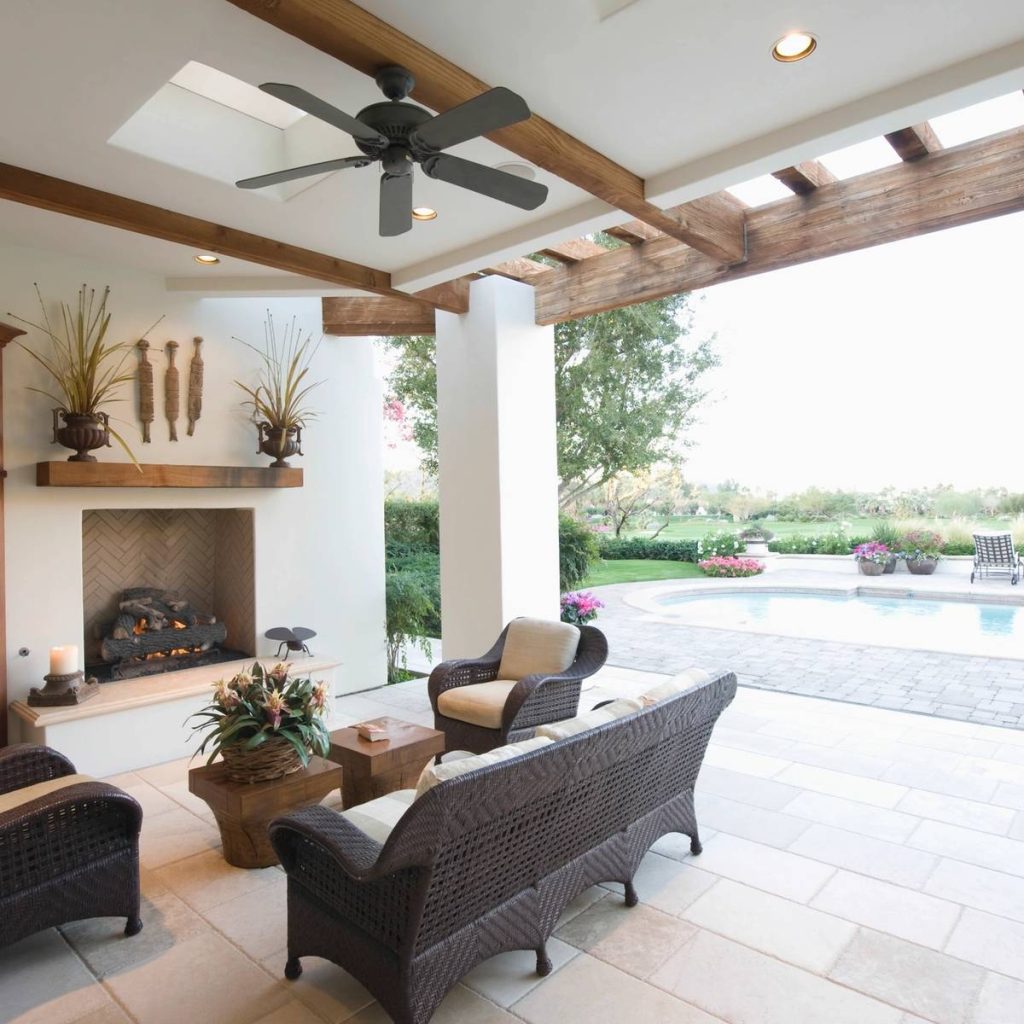 Outdoor patio with pool and seating area.